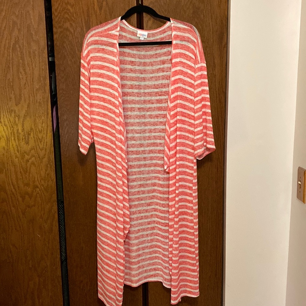 LULAROE Coral and White Striped Knit Kimono-Style Cardigan